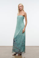 AMARA strapless maxi dress in teal, long sheer skirt with abstract floral print