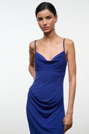 Midnight blue midi dress with cowl neckline and thin spaghetti straps