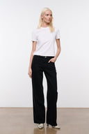 Black relaxed jeans, wide-leg fit with belt loops, front closure, and side pockets