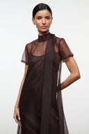 Dark brown sheer maxi dress with high neckline and short sleeves