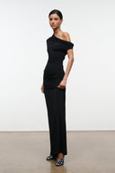 Black one-shoulder draped maxi dress, sleeveless, front-side view, floor-length length