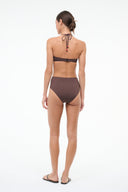Dark chocolate bikini top with adjustable back ties and red bead accents, back view