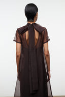 Dark brown sheer maxi dress with open back, draped panel and neck tie bow