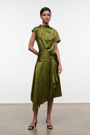 Olive silk midi dress with high neckline, short sleeves, and wrapped asym skirt hem