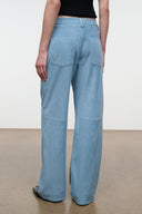 Sky blue suede wide-leg pants with belt loops and front slash pockets.