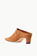 Tan suede mule with open back and low block heel, side view