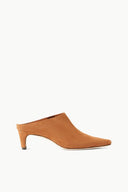 Tan suede mule profile with open back and low block heel