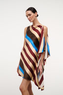 Silk dress with layered diagonal stripes, sleeveless drape and open shoulder styling