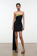 Strapless black mini dress with olive-gold neckline band and side seam detail