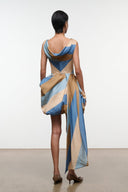 Silk mini dress in desert stripe print, V-back and draped wrap skirt, sleeveless