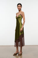 Pear green silk slip dress with spaghetti straps and brown lace side hem