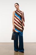 Striped silk dress with draped, asymmetric hem in brown, cream, burgundy and blue