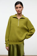 HUDSON cashmere sweater, half-zip collar and dropped-shoulder long sleeves, pear green