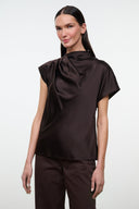 Dark brown satin silk top with draped mock neck and short sleeves