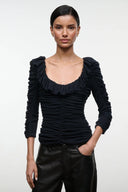 Black ruched long-sleeve top with ruffle-trim square neckline
