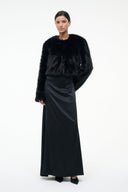 Black faux-fur cropped jacket with long sleeves and round neckline