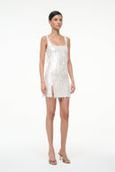 Pearl sequin fringe mini dress full length front, straight hem with dangling tassels
