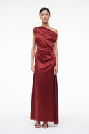 Burgundy silk maxi dress with asymmetrical one-shoulder neckline and gathered waist