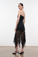 Black strapless dress with layered lace fringe midi skirt