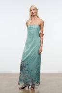 AMARA strapless maxi dress in teal, tube bodice and sheer hem with abstract print