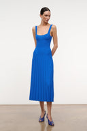 Cobalt blue sleeveless midi knit dress with square neckline and pleated hem