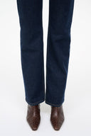 Ankle boots on jeans: espresso-brown croc-texture pointed toe, low heel