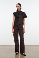 Dark brown satin silk top with high draped collar and short sleeves