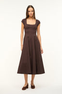 Women's dark brown short-sleeve fit-and-flare dress with square neckline