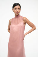 Women's pink sleeveless high-neck dress, sheer overlay with subtle floral pattern front