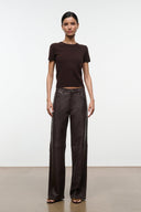 Dark chocolate cashmere crew-neck tee with short sleeves and straight hem