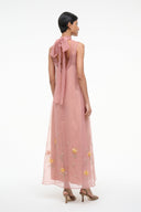 Women's pink sleeveless midi dress, high neck and sheer back with floral appliques