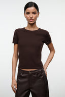 Dark chocolate cashmere crew-neck tee with short sleeves, smooth knit