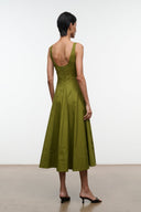 Wells dress, olive green sleeveless midi A-line; square back