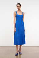 Cobalt blue sleeveless midi knit dress with square neckline and thin straps