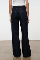 Indigo wide-leg jeans with belt loops, button fly, and front slant pockets.
