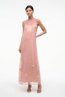 Women's pink sleeveless midi dress with high neck, floral embroidery scattered across front