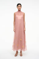 Women's pink sleeveless high-neck midi dress, sheer layer with daisy motifs at hem