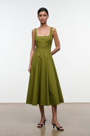 Wells dress in olive green, sleeveless midi with square neckline and pleated skirt