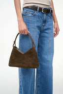Truffle suede shoulder bag carried by top handles
