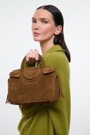 Cigar-brown suede mini carryall handbag with top handle and front snap tab.