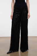 Black sequin wide-leg pants, full front view