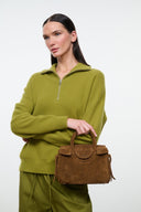 Cigar-brown suede mini carryall with oval logo patch and snap closure.