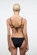 Black triangle bikini top with thin adjustable shoulder straps and back tie