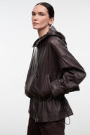 Dark brown leather jacket with hood and zip front, ruched drawstring waist detail