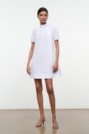 White high-neck mini dress with short sleeves and loose A-line fit.