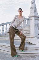 Women's champagne ruffle V-neck long-sleeve top, flared sleeves