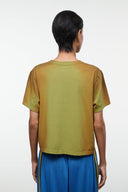 Back of faded moss green crewneck short-sleeve tee shirt