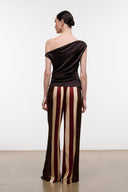 Silk wide-leg pants with vertical stripe pattern in dark brown, burgundy, and cream