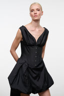 Black silk mini dress, sleeveless V-neck with button front and voluminous draped skirt
