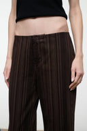 Women’s espresso-brown striped jeans with button fly and belt loops